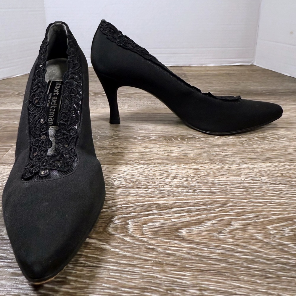 Stuart Wietzman Shoes‎ Sz:7W Black Leather Sole/Fabric Lace Upper "Negligee"